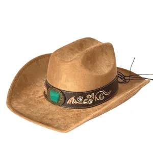 Close-up of brown suede cowboy hat with turquoise gem, embroidered band and rhinestone details.