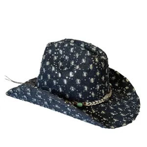 Distressed denim cowboy hat for women men, vintage western sun hat with braided bead band.