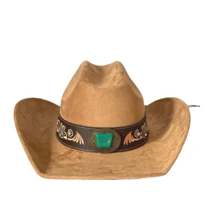 Faux suede western cowboy hat with turquoise stone buckle and embroidered hatband detail