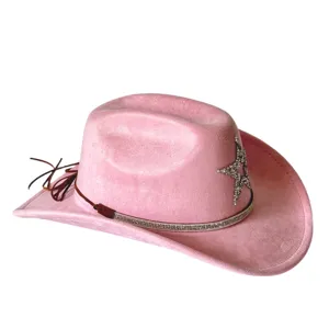 Pink suede western cowboy hat featuring sparkling rhinestone star decoration and chic hatband.