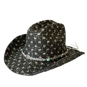 Vintage black denim western cowboy hat with sequin details and turquoise concho band detail.