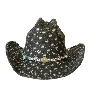 Retro distressed denim western cowboy hat with decorative braided band and wide brim.