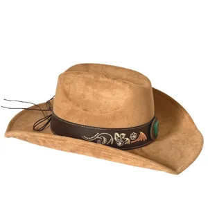 Brown suede western cowboy hat with decorative leather band, rhinestones and turquoise buckle.