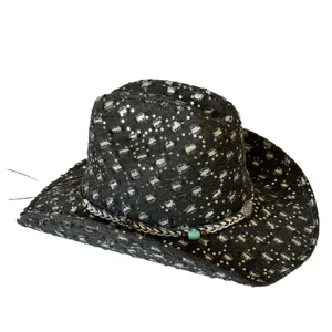 Retro distressed denim cowboy hat with sparkling sequins and woven band for outdoor sun protection.
