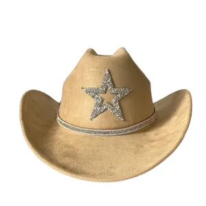Retro western cowboy hat featuring sparkling rhinestone star and matching band, faux suede style.