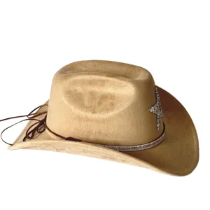 Vintage Western cowboy hat with rhinestone star, wide brim faux suede jazz cap for party.
