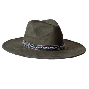 Chapeau fedora à large bord style ethnique, chapeau feutre suédine vintage avec bande.