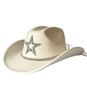 Rhinestone star cowboy hat detail, off-white faux suede wide brim fashion jazz hat accessory.