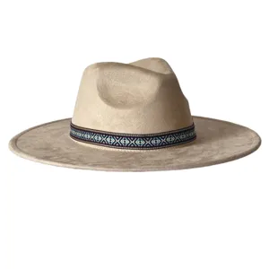 Chapeau fedora en suédine à large bord avec bande à motif ethnique chapeau de jazz vintage.