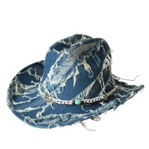 Vintage Distressed Denim Fedora Western Cowboy Hat Wide Brim Sunshade Outdoor Hat