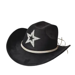 Black suede western cowboy hat with dazzling rhinestone star decoration and bling hat band.