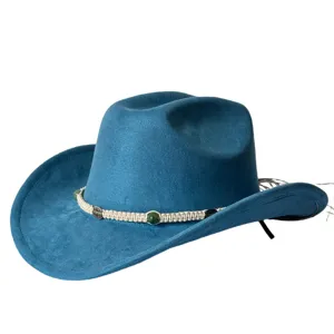 Cappello da Cowboy Occidentale Vintage Tesa Larga Curva Poliestere Scamosciato Cavaliere Fedora Cappello da Sole Con Fascia Con Perline per Uomo Donna