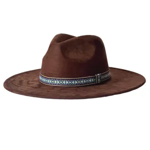 Vue détaillée d'un chapeau Fedora marron rétro à large bord avec bande tissée.