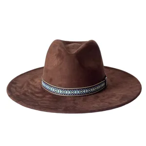 Chapeau fedora en suédine marron vintage avec bande à motif ethnique, chapeau de jazz élégant.