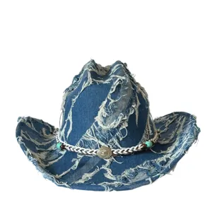 Distressed denim cowboy hat detail with braided band and turquoise beads for western style.