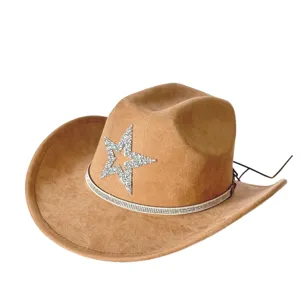 Vintage Western Cowboy Hat Rhinestone Star Suede Jazz Cap for Women and Men Party Wear