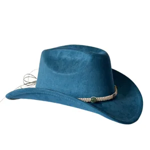 Elegante cappello da cowboy western in camoscio blu con fascia intrecciata verde.