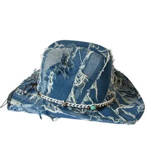 Distressed denim cowboy hat for men and women, vintage Western style jazz hat for party.