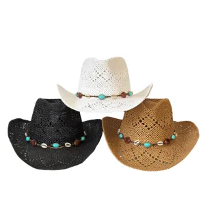 Bohemian hollow cowboy straw hat wide brim sun hat summer vacation beach hat for women