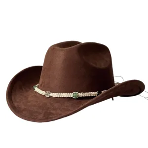 Cappello da cowboy western in camoscio marrone a tesa larga stile retro dettaglio