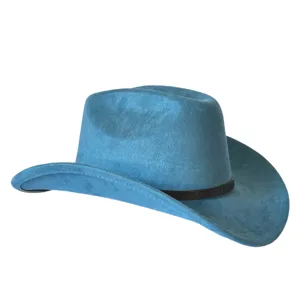 Cappello da cowboy western in finta camoscio blu, tesa larga, stile jazz britannico.