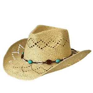 Bohemian hollow out straw cowboy hat with beads, wide brim summer beach sun protection hat.