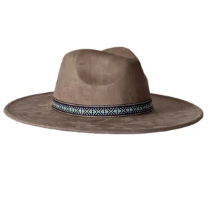 Chapeau fedora en feutre à large bord rétro avec bande à motif ethnique marron unisexe.