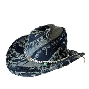 Vintage distressed denim cowboy hat with raw edge patchwork wide brim and turquoise bead braid band.
