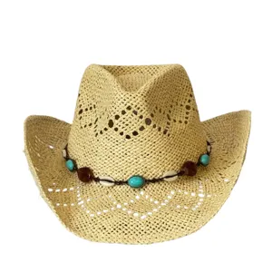 Bohemian hollow straw cowboy hat with turquoise shell bead band beach sun hat detail view