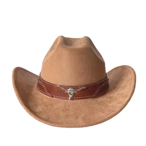 Cappello da cowboy western vintage con decoro teschio di longhorn, cappello in camoscio.