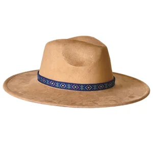 Retro etnische suèdelike fedora hoed met kleurrijke geometrische geweven band brede rand.