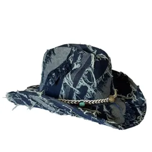 Distressed denim cowboy hat with western turquoise bead braid band fashion vintage jazz hat.