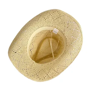 Detail view of hollow-out straw hat inner label and woven texture, summer beach sun protection.
