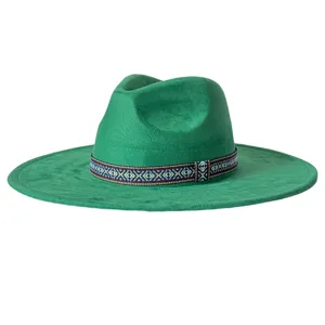 Chapeau fedora en daim vert avec bande ethnique, chapeau de jazz vintage à large bord.