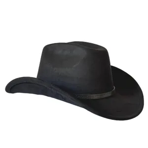 Vista dettagliata del cappello da cowboy western in camoscio nero con fascia decorata.
