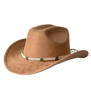 Cappello da cowboy western in camoscio marrone con fascia di perline intrecciata tesa larga