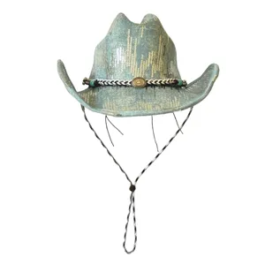 Light blue sequin western cowboy hat with braided band and chin strap for adults.