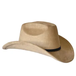 Primo piano dettagliato del cappello da cowboy western in camoscio beige, morbida e nera fascia.