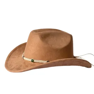 Cappello da cowboy western in camoscio marrone con treccia e perla verde, vintage.