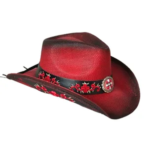 Cappello da cowboy western tie-dye vintage con fascia in paglia ricamata per protezione solare.