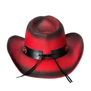 Cappello da cowboy western sfumato rosso e nero con fascia in pelle per protezione solare.
