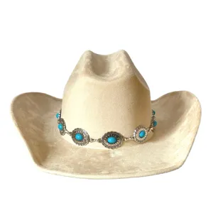 Retro suede western cowboy hat with silver turquoise chain detail, wide brim outdoor fedora.