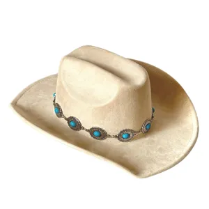 Retro beige suede western cowboy hat with vintage turquoise metal chain for outdoor style.