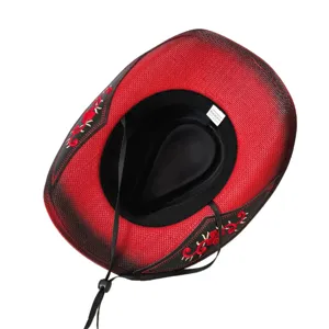 Cappello da cowboy western in paglia sfumato rosso e nero con ricamo squisito sottogola.