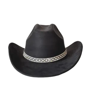 Detail shot of black western cowboy hat featuring sparkling rhinestone decorative band.