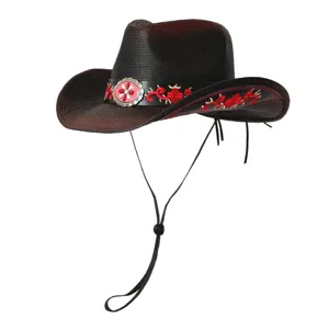 Cappello da cowboy western in paglia a tesa larga estivo con ricamo floreale rétro e sottogola