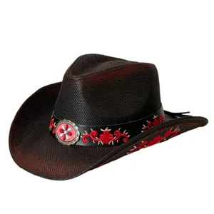 Cappello da cowboy occidentale in paglia con ricamo rosso vintage e fibbia metallica protezione
