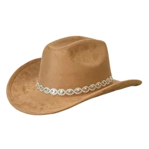 Cappello da cowboy western in camoscio marrone con fascia in strass, elegante fedora rétro.