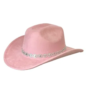 Elegante cappello da cowboy western in camoscio rosa con catena di strass festa nuova