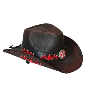Cappello da cowboy western in paglia intrecciata vintage con fascia ricamata e fibbia decorativa.